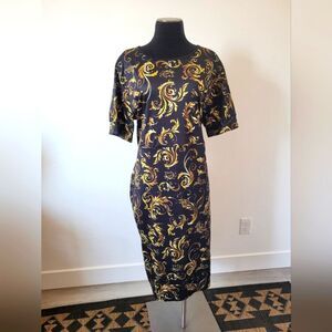Formal Elegant Midi Dress Church Gold Black Half Sleeve Waist Tie Modest 2XL